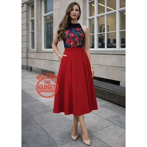 ZARA Blogger Fave Bright Red A-Line High Waist Midi Skirt NWT - Picture 8 of 16